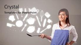  Presentation with accessories - Presentation theme enhanced with illustrated ladies tea - pretty young lady with kitchen background and a light gray colored foreground