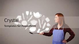  Presentation with metal accessories - Beautiful presentation theme featuring illustrated ladies tea - pretty young lady with kitchen backdrop and a  colored foreground