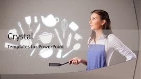  Presentation with kitchen equioment and utilises - Colorful slide set enhanced with illustrated ladies tea - pretty young lady with kitchen backdrop and a  colored foreground