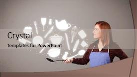  Presentation with accessories - Amazing PPT theme having illustrated ladies tea - pretty young lady with kitchen backdrop and a  colored foreground