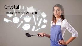  Presentation with accessories - Presentation design having illustrated ladies tea - pretty young lady with kitchen background and a  colored foreground