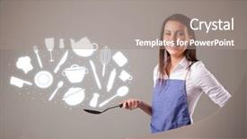  Presentation with kitchen equioment and utilises - Slide set consisting of illustrated ladies tea - pretty young lady with kitchen background and a gray colored foreground