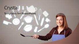  Presentation with kitchen equioment and utilises - Slide deck with chocolate cake with coffee cup background and a tawny brown colored foreground