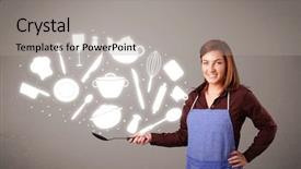  Presentation with accessories - Slides having illustrated ladies tea - pretty young lady with kitchen background and a  colored foreground