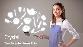  Presentation with accessories - PPT theme having illustrated ladies tea - pretty young lady with kitchen background and a  colored foreground