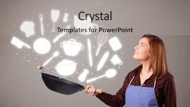  Presentation with kitchen equioment and utilises - Slide set featuring illustrated ladies tea - pretty young lady with kitchen background and a  colored foreground