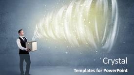  Presentation with powerful - Audience pleasing PPT theme consisting of illustrated powerful whirlwind escaping coming out of empty paper box held by elegant businessman concept backdrop and a ocean colored foreground