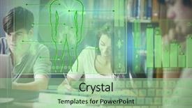  Presentation with human body - Audience pleasing PPT theme consisting of illustration of human body with bar graph and keyboard against students working on an essay backdrop and a mint green colored foreground