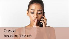  Presentation with mobile phone in woman hand - Amazing PPT layouts having someone's hand showing silence backdrop and a coral colored foreground