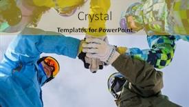  Presentation with mask - PPT layouts having image below of four snowboarders wearing helmet and mask doing handshake background and a gold colored foreground