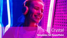  Presentation with music headphones - PPT theme consisting of image-closeup-of-beautiful-young background and a purple colored foreground