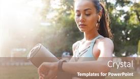  Presentation with walking exercise - Audience pleasing slide deck consisting of image closeup of feminine caucasian woman 20s in sportswear looking at wrist watch while walking in green park with exercise mat and wireless earphone in ear backdrop and a coral colored foreground