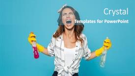  Presentation with rubber gloves - Slide deck enhanced with image closeup of unhappy woman 20s in yellow rubber gloves for hands protection yelling while holding two detergent sprayers during cleaning isolated over blue background background and a light blue colored foreground