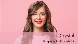  Presentation with happy image - Amazing presentation theme having image closeup of young european woman 20s with long curly hairstyle and evening makeup smiling at camera with happy look isolated over pink background backdrop and a lemonade colored foreground