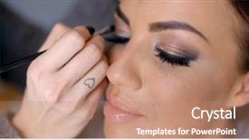  Presentation with beautician - Beautiful PPT layouts featuring image enhancement - beautician apply makeup backdrop and a coral colored foreground