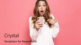  Presentation with process division of cell isolated - PPT layouts with image excited caucasian woman beautiful long hair screaming holding cell phone hand isolated pink background background and a lemonade colored foreground