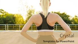  Presentation with workout - Audience pleasing slide deck consisting of image from back of blonde young woman wearing tracksuit doing workout outdoors backdrop and a coral colored foreground