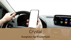  Presentation with mobile phone on car - Amazing PPT layouts having image ins navigation - young woman holding mobile phone backdrop and a coral colored foreground