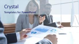  Presentation with workplace - Presentation theme featuring image is blurred business team background and a  colored foreground