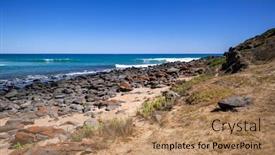  Presentation with south beach - Colorful presentation theme enhanced with image-of-a-beach backdrop and a coral colored foreground