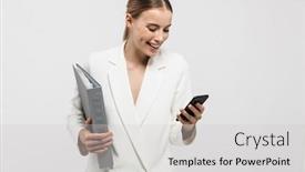  Presentation with amazing - Audience pleasing theme consisting of image of a beautiful amazing woman posing isolated over white wall background holding folder talking by mobile phone backdrop and a light gray colored foreground
