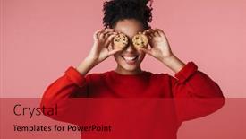  Presentation with happy image - Presentation theme having image of a beautiful amazing happy excited young african woman posing isolated over pink wall background holding sweeties cookies background and a crimson colored foreground