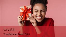  Presentation with happy image - Presentation featuring image of a beautiful amazing happy excited young african woman posing isolated over pink wall background holding present box background and a crimson colored foreground