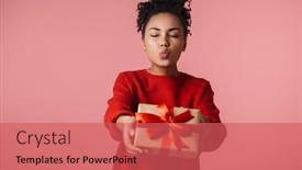  Presentation with happy image - Cool new presentation design with image of a beautiful amazing happy excited young african woman posing isolated over pink wall background holding present box blowing kisses backdrop and a red colored foreground