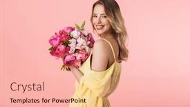  Presentation with pink flowers - Beautiful presentation design featuring image of a beautiful amazing young blonde woman posing isolated over pink wall background holding flowers backdrop and a lemonade colored foreground