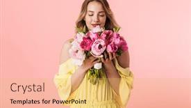  Presentation with flower on wall - PPT layouts consisting of image of a beautiful amazing young blonde woman posing isolated over pink wall background holding flowers background and a yellow colored foreground