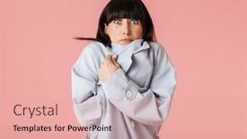  Presentation with light pink - Slide set having image of a beautiful frozen woman posing isolated over light pink background wall background and a coral colored foreground