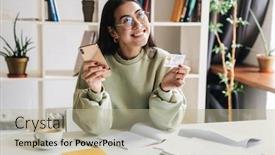  Presentation with happy young student girl holding - Slide set with image-of-a-beautiful-happy background and a mint green colored foreground