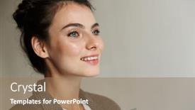  Presentation with optimistic - Colorful presentation design enhanced with image of a beautiful positive optimistic young business woman indoors at home backdrop and a coral colored foreground