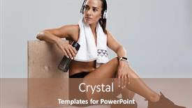  Presentation with music headphones - PPT theme consisting of image of a beautiful strong young sports woman isolated indoors with towel on neck listening music with headphones background and a coral colored foreground