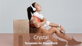  Presentation with music headphones - Beautiful presentation featuring image of a beautiful strong young sports woman isolated indoors with towel on neck listening music with headphones backdrop and a coral colored foreground