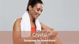  Presentation with happy image - Amazing PPT theme having image of a beautiful strong happy cheerful young sports woman posing isolated indoors with towel looking at watch backdrop and a coral colored foreground