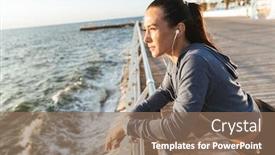  Presentation with rest - Amazing PPT theme having image of a beautiful young sports fitness woman have a rest at the beach outdoors listening music with earphones backdrop and a coral colored foreground
