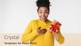  Presentation with happy image - Colorful presentation design enhanced with image of a beautiful young african excited emotional happy woman posing isolated over white wall background holding present gift box backdrop and a yellow colored foreground