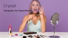  Presentation with purple wall - Slide set having image of a beautiful young shocked blonde lady sit at the table isolated over purple background wall with mirror and cosmetics showing eyeshadows on hand background and a light blue colored foreground
