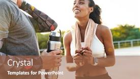 Presentation with water sports - Colorful slide set enhanced with image of a cheerful pleased young strong sports woman and man holding towel and water talking with each other outdoors backdrop and a coral colored foreground