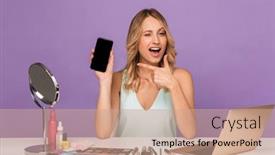  Presentation with purple wall - Audience pleasing presentation design consisting of image of a cheerful positive young woman posing isolated over purple wall background with laptop computer and cosmetics with mirror pointing showing display of mobile phone backdrop and a coral colored foreground