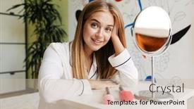  Presentation with brushes makeup - PPT theme with image of a cheerful smiling young cute girl in pajama at home near mirror with makeup brushes background and a soft green colored foreground