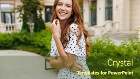  Presentation with optimistic - Presentation design consisting of image of a cheery optimistic young redhead woman walking outdoors by street in dress background and a tawny brown colored foreground
