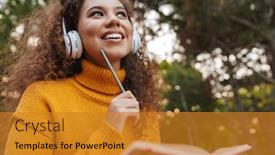  Presentation with music notes - Slide deck enhanced with image of a cheery pleased beautiful young curly woman sit on bench in park outdoors listening music with headphones writing notes in notebook background and a gold colored foreground