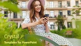  Presentation with outdoors - Slide deck having image of a cheery positive young redhead woman sit on a bench outdoors at the street using mobile phone background and a tawny brown colored foreground