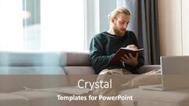  Presentation with writing notes - Colorful slides enhanced with image of a concentrated young bearded man sitting in home writing notes backdrop and a violet colored foreground