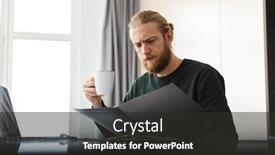  Presentation with home documents - Slides featuring image of a concentrated young bearded man sitting in home using laptop computer work with documents background and a dark gray colored foreground