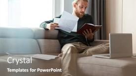  Presentation with home documents - Amazing slides having image of a concentrated young bearded man sitting in home reading book work with documents backdrop and a violet colored foreground