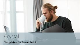  Presentation with home documents - Theme consisting of image of a concentrated young bearded man sitting in home using laptop computer work with documents background and a light blue colored foreground