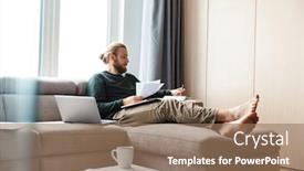  Presentation with home documents - Amazing slides having image of a concentrated young bearded man sitting in home work with documents backdrop and a coral colored foreground